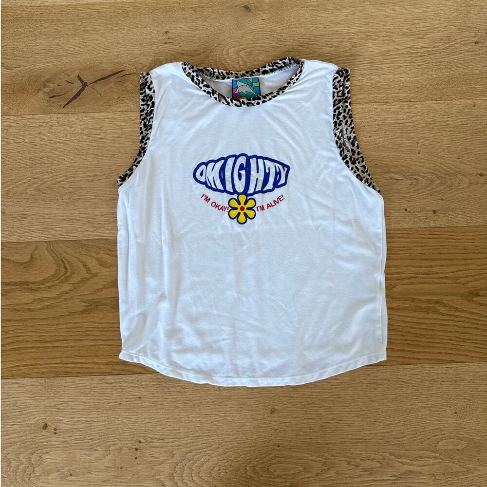 Omighty - I'm OK I'm Alive Leopard Trim Sleeveless Tank Top in White Brown Black
